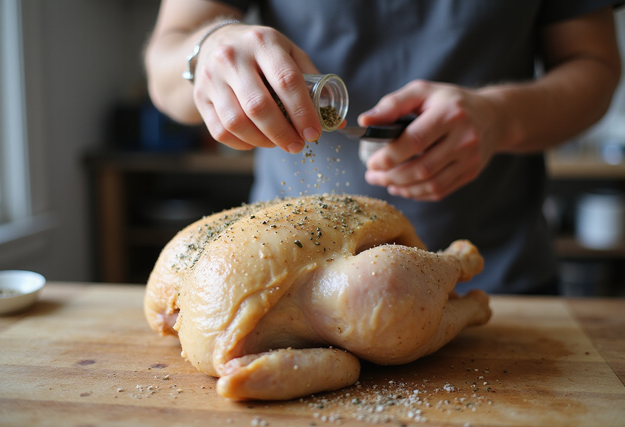 Saisonner un poulet entier avec des épices et des herbes pour une recette de poulet au four parfait.