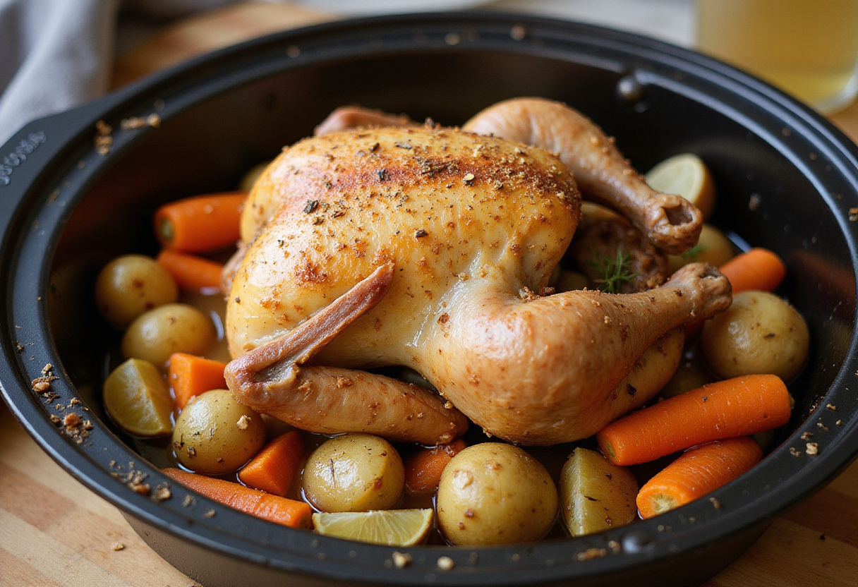 Poulet assaisonné dans un plat de rôtissage avec des légumes pour la recette de poulet au four.