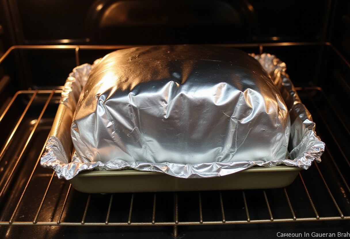 Plat de poulet au four recouvert de papier aluminium placé dans le four chaud.