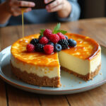 Tarte au fromage parfaite avec des baies fraîches et un filet de caramel, prête à être dégustée.