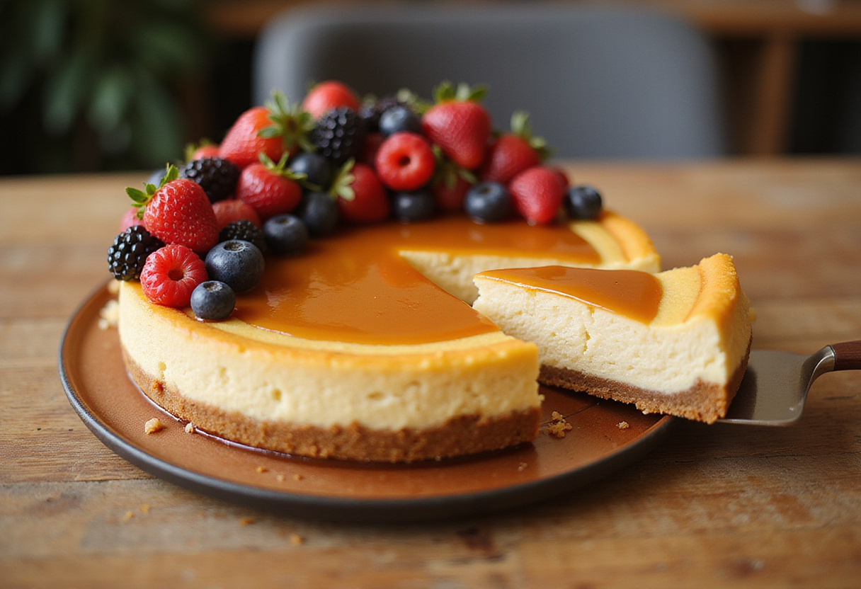 Tarte au fromage parfaite avec des baies fraîches et un filet de caramel, prête à être dégustée.