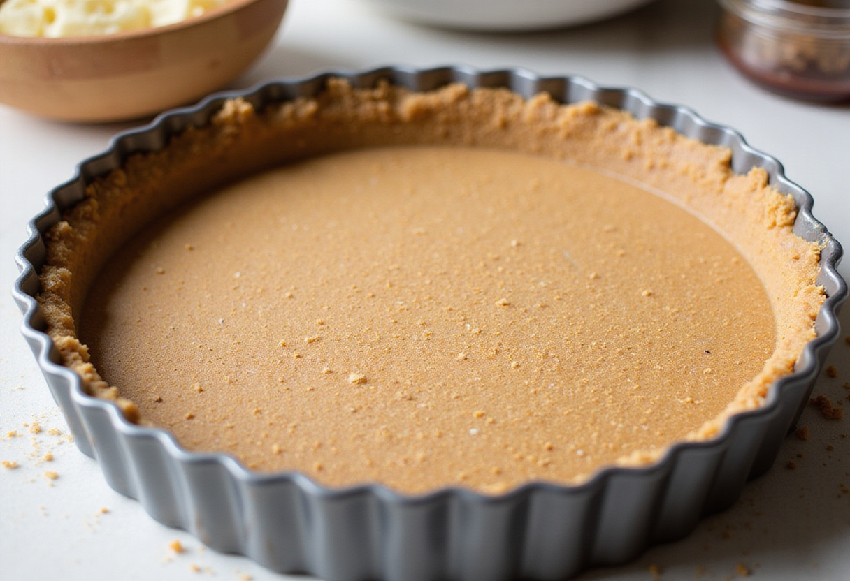 Préparation d'un fond de tarte au fromage avec une croûte de biscuits Graham écrasés.