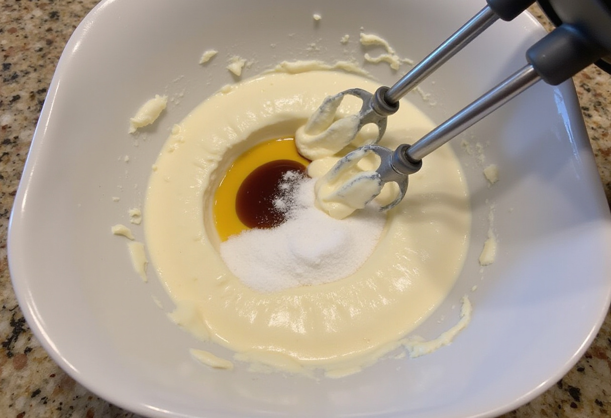 Mélange de fromage à la crème et de sucre pour la tarte au fromage parfaite.