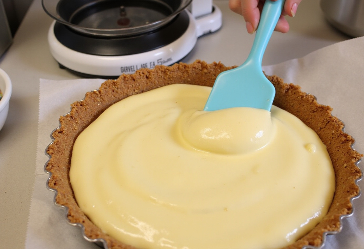 Remplissage de la croûte avec un mélange crémeux pour la tarte au fromage.