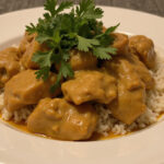 Delicious Mafé Poulet with creamy peanut sauce served with rice, ready to enjoy.