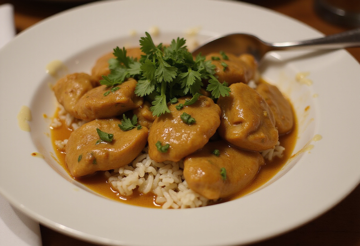 Délicieux Mafé Poulet avec une sauce crémeuse aux arachides servi avec du riz, prêt à déguster.