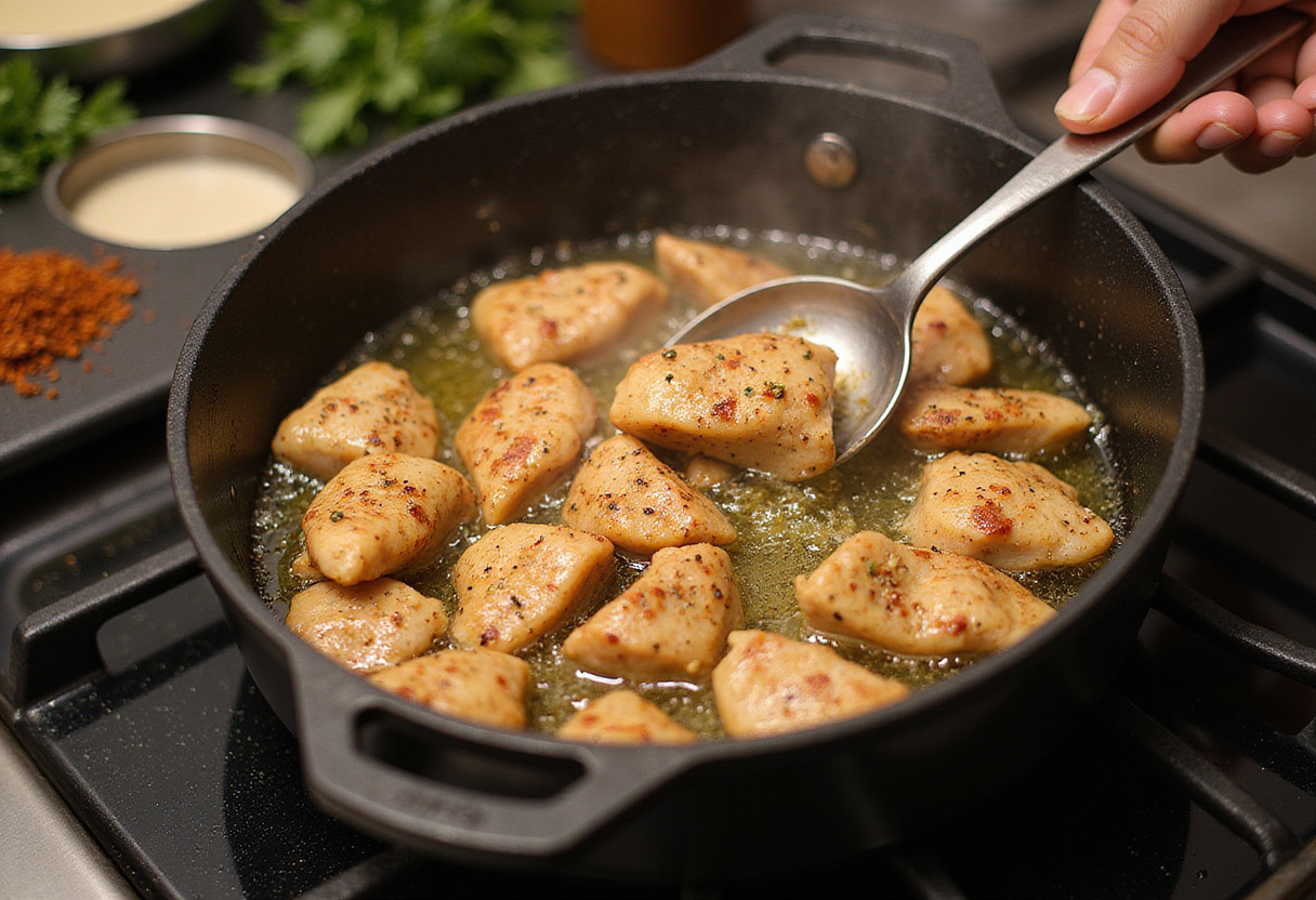 Faire sauter des morceaux de poulet assaisonnés pour le Mafé Poulet sur la cuisinière.