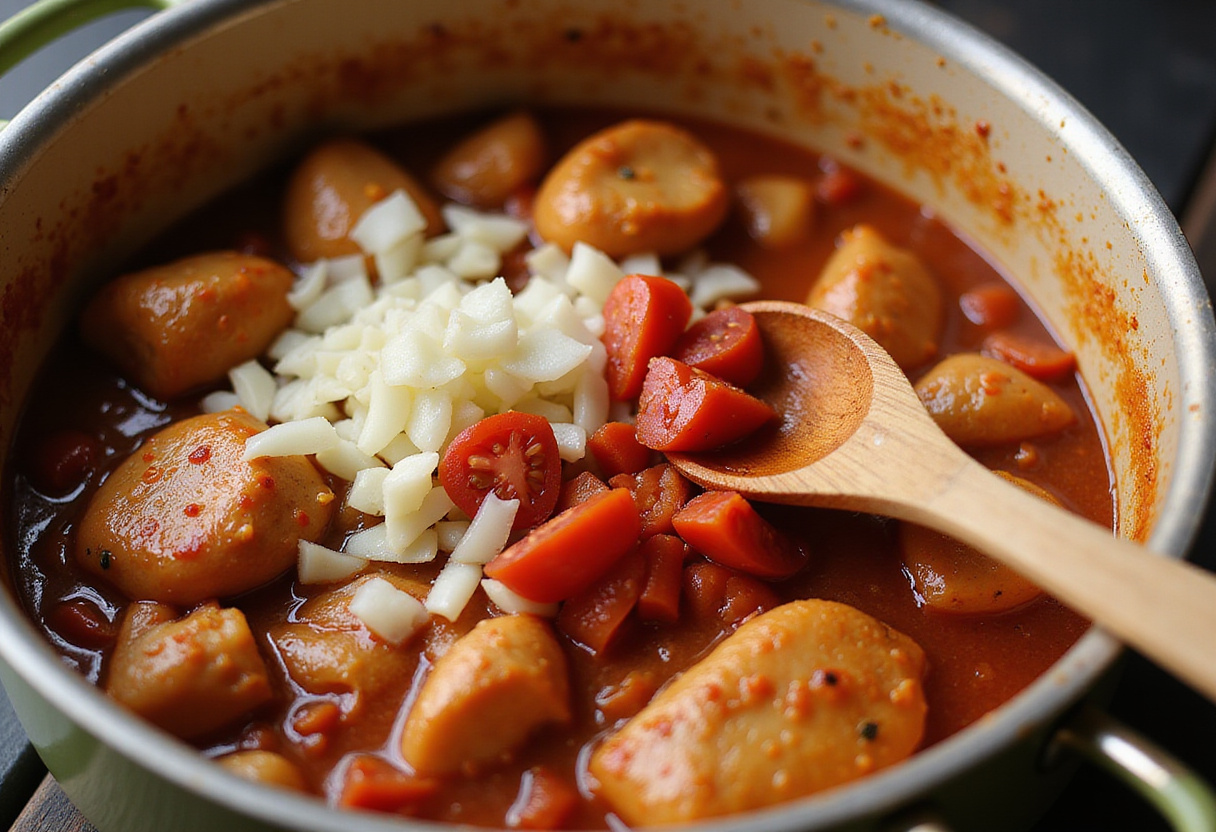 Oignons hachés, ail et tomates étant mélangés avec du poulet pour la préparation de la sauce Mafé Poulet.