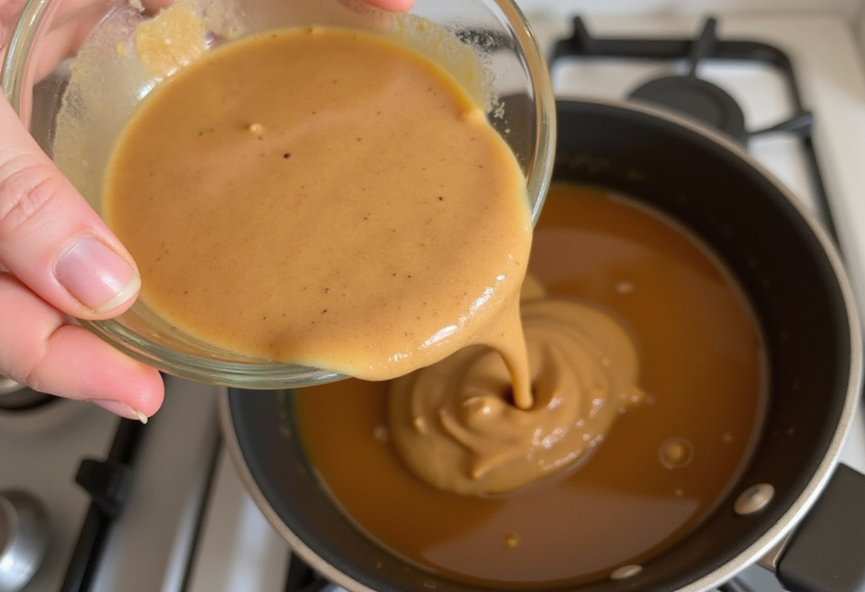 Beurre de cacahuète mélangé avec du bouillon pour la sauce savoureuse du Mafé Poulet.