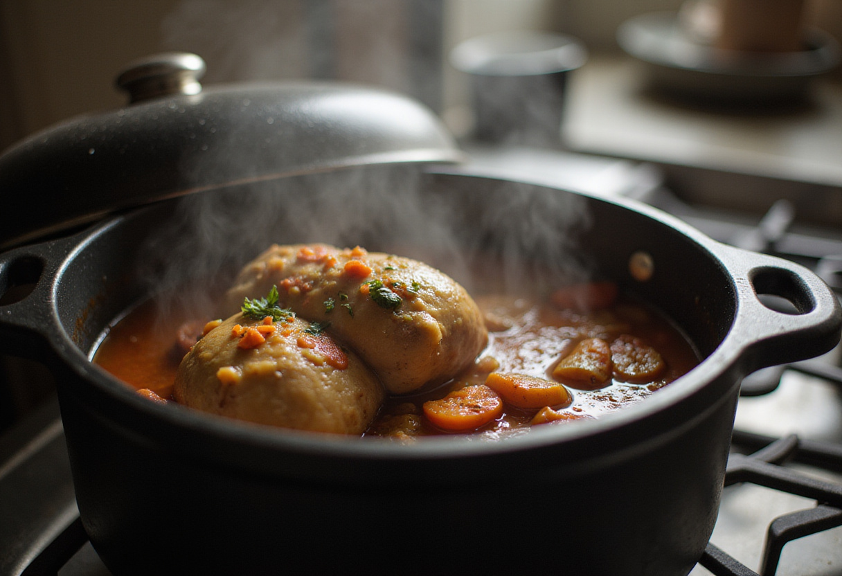 Mafé Poulet mijotant dans une casserole, mettant en valeur la sauce riche et le poulet cuisant ensemble.
