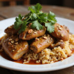 Finished Mafé Poulet maison avec une touche originale served with rice, a delightful dish for family gatherings.