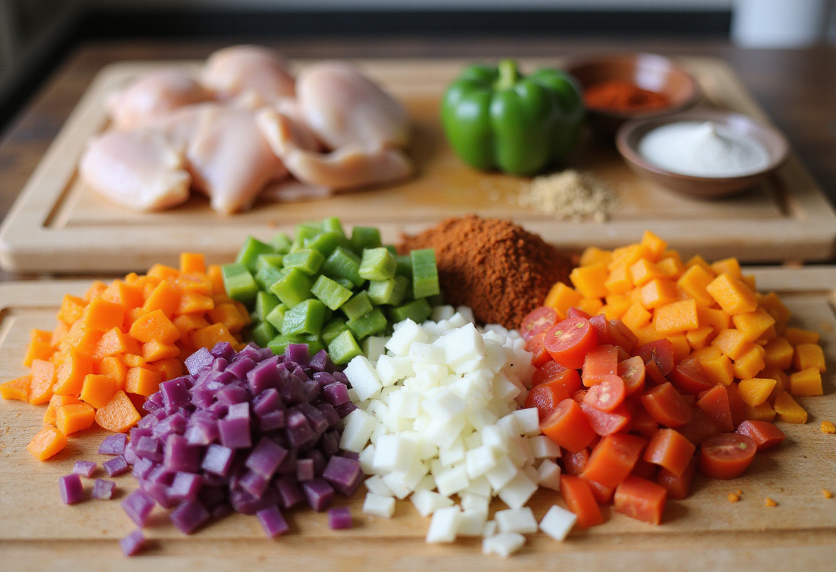 Diced vegetables prepared for Mafé Poulet maison avec une touche originale recipe.