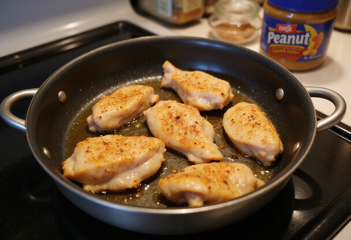 Chicken pieces browning in a pot for Mafé Poulet maison preparation.