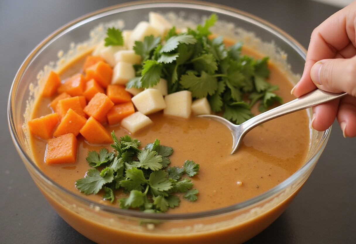 Preparing a peanut sauce for Mafé Poulet maison with fresh ingredients.