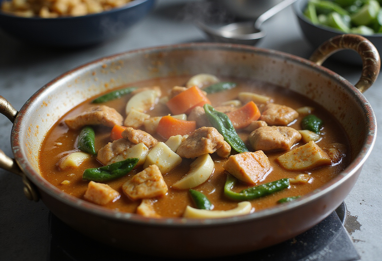 Simmering Mafé Poulet maison in a pot with chicken and peanut sauce.