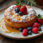 Pain Perdu au Four doré et moelleux, garni de sucre glace, fruits frais et sirop d'érable.