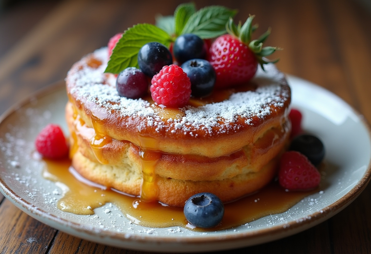 Pain Perdu au Four doré et moelleux, garni de sucre glace, fruits frais et sirop d'érable.