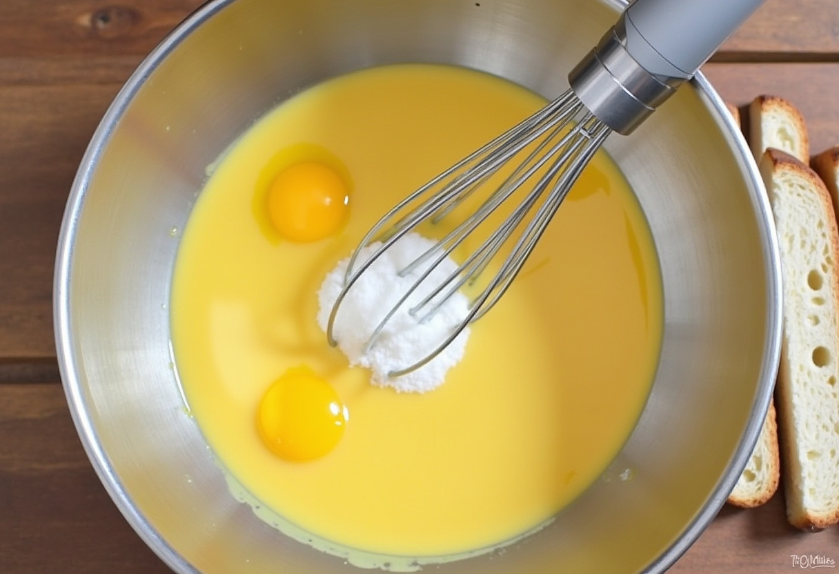 Préparation du mélange d'œufs, lait, vanille et sucre pour tremper le Pain Perdu.
