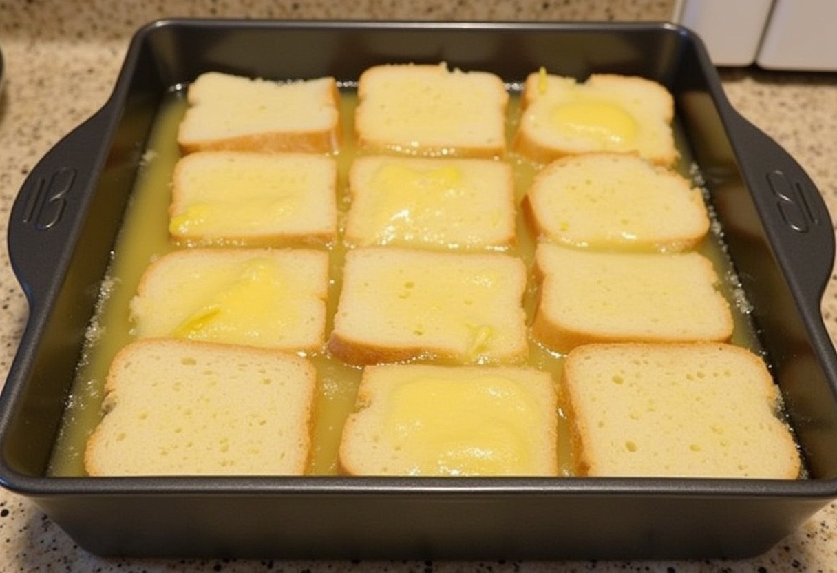 Tranches de pain imbibées disposées dans un plat à gratin beurré pour le Pain Perdu au Four.