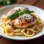 Assiette de pâtes crémeuses au poulet toscan garnie de basilic frais et de parmesan, prête à être dégustée.