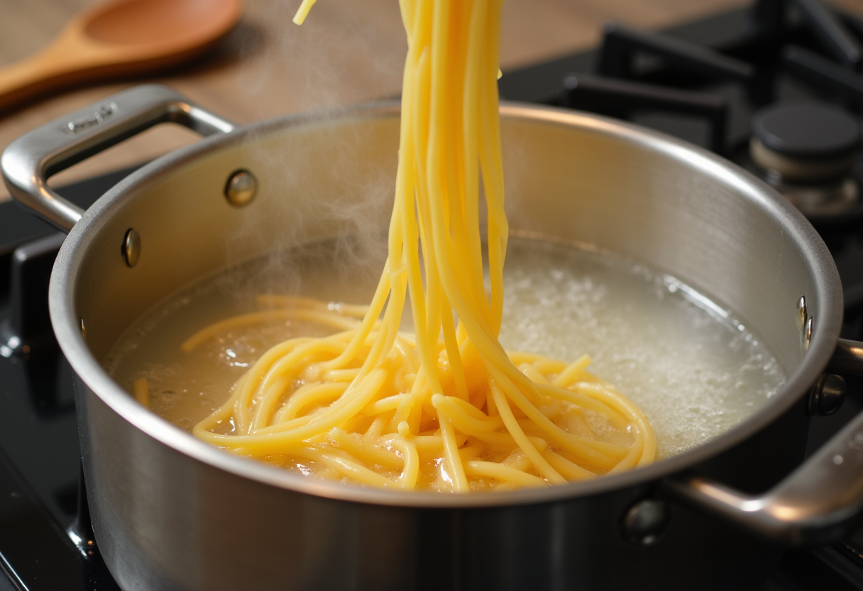 Pâtes en train de cuire dans une casserole d'eau bouillante pour des pâtes crémeuses au poulet toscan.