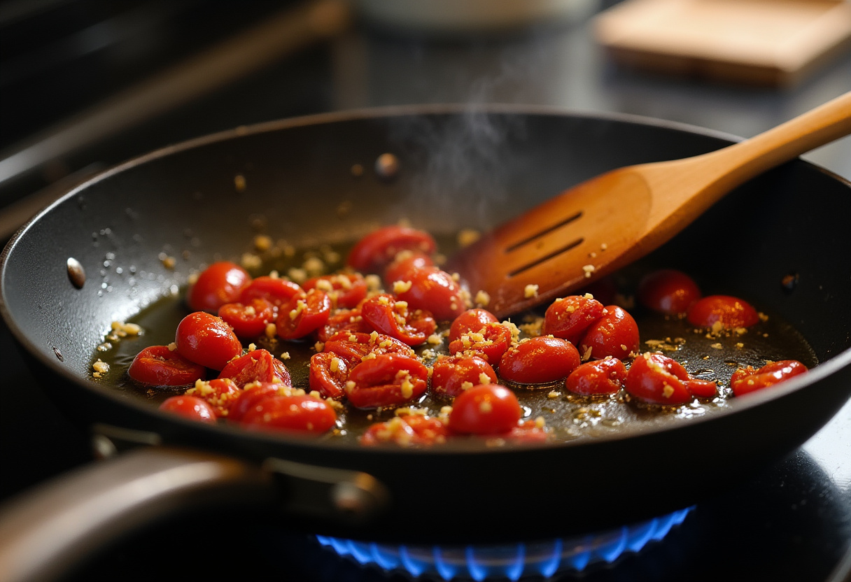 Ail et tomates séchées cuisant dans une poêle pour la préparation des pâtes crémeuses au poulet toscan.