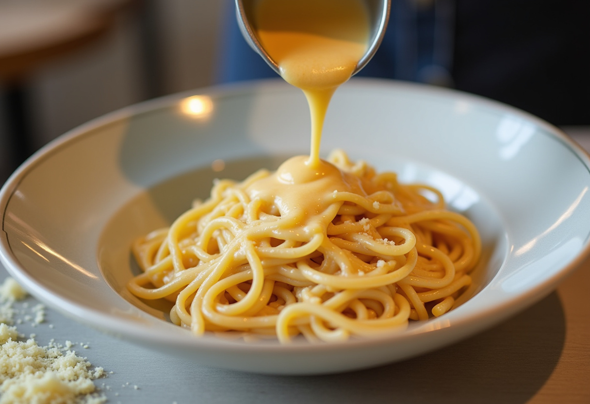 Sauce crémeuse versée sur les pâtes pour compléter le plat de pâtes crémeuses au poulet toscan.