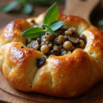 Petit Pain de Lentilles aux Champignons et à la Sauge recién horneado, dorado y decorado con hojas de salvia.