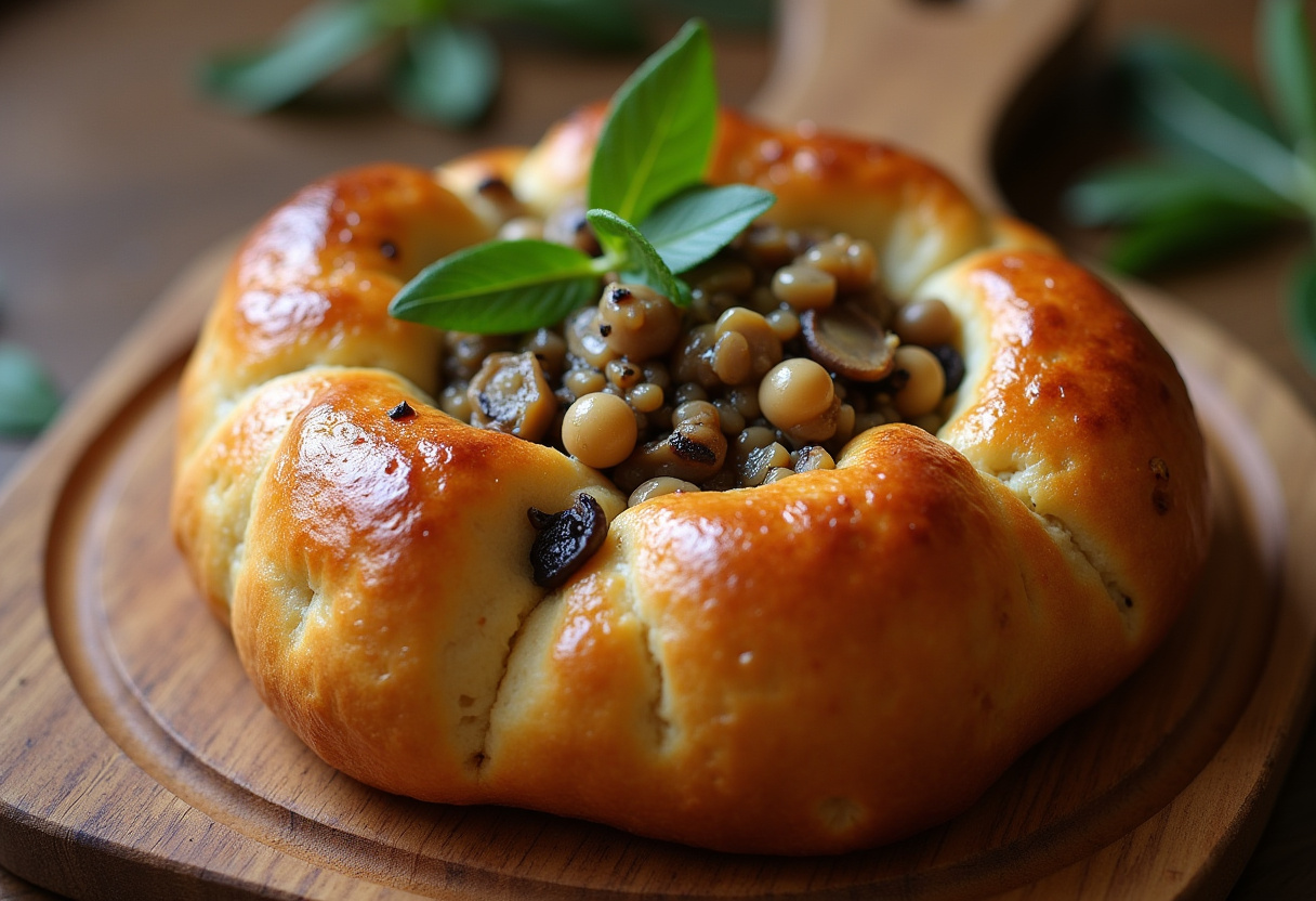 Petit Pain de Lentilles aux Champignons et à la Sauge recién horneado, dorado y decorado con hojas de salvia.