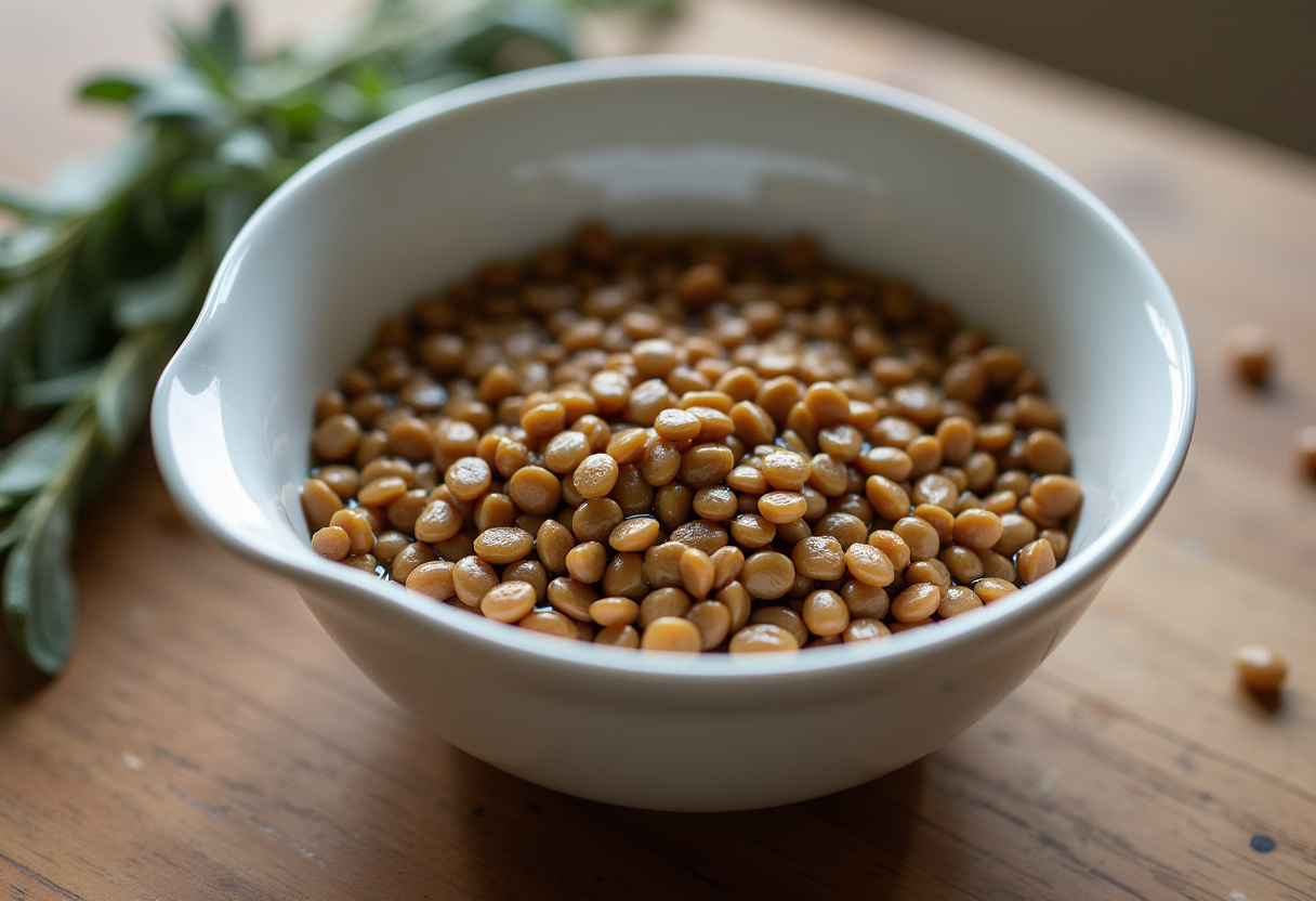 Lentejas remojadas en un tazón listas para hacer Petit Pain de Lentilles aux Champignons et à la Sauge.