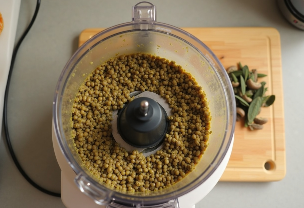 Procesador de alimentos mezclando lentejas para la masa del Petit Pain de Lentilles.
