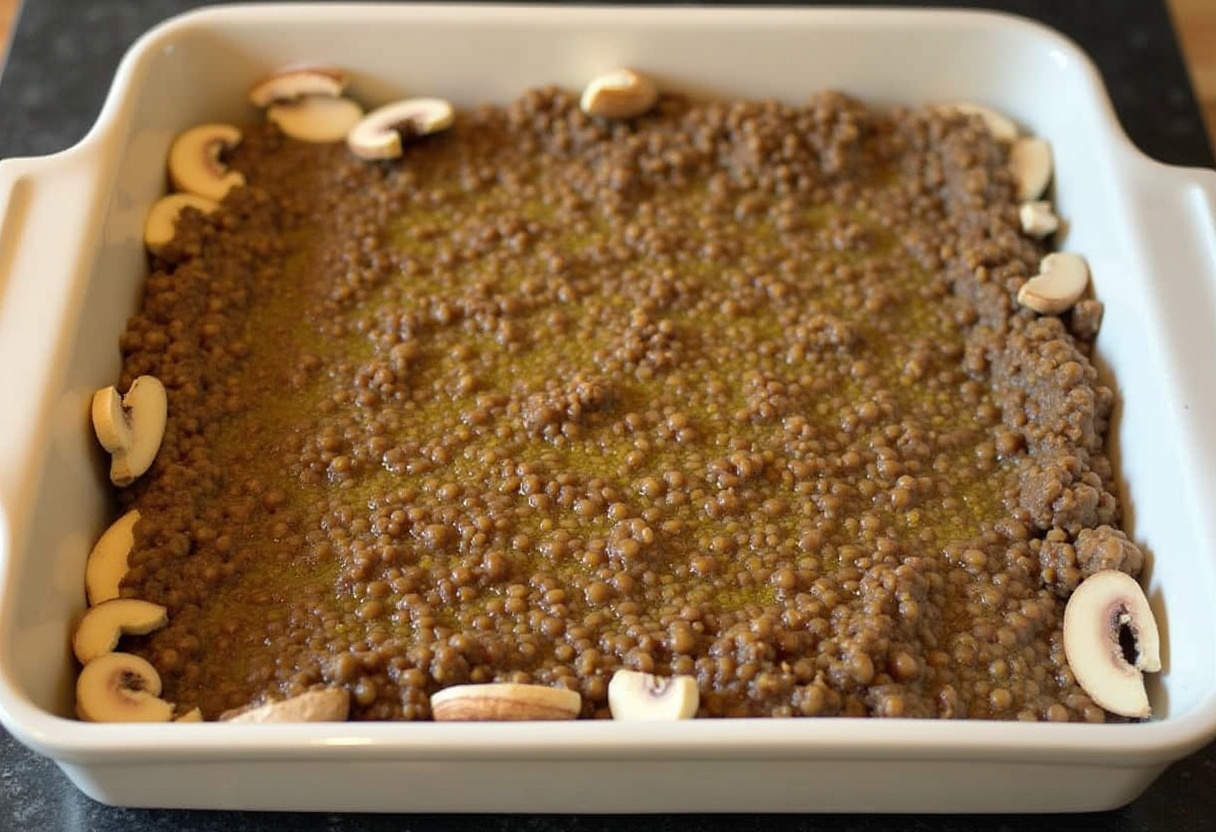 Molde para hornear engrasado con aceite de oliva y lleno de la mezcla de lentejas para el Petit Pain.