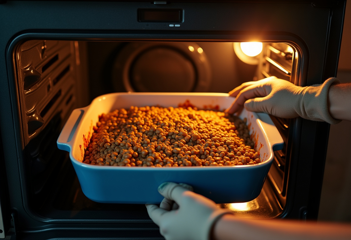 Molde con la mezcla de lentejas entrando al horno para cocinar el Petit Pain.