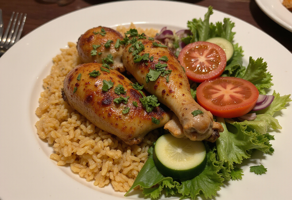 Poulet Basquaise fini, servi avec du riz et de la salade, idéal pour un repas délicieux.