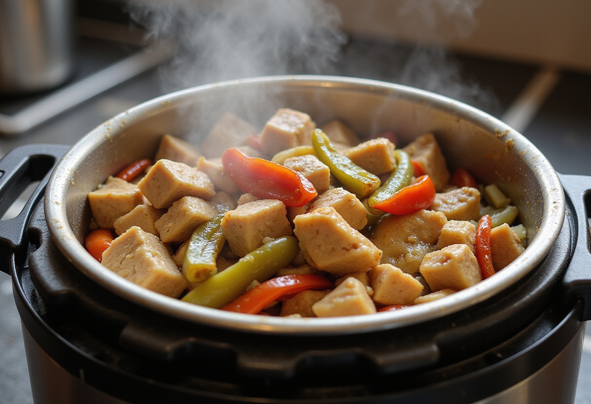 Poulet, oignons et poivrons coupés en dés, sautant dans un Cookeo pour le Poulet Basquaise.