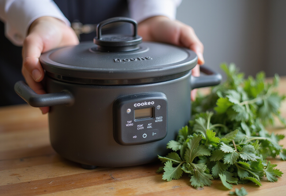 Couvercle du Cookeo sécurisé pour la cuisson du Poulet Basquaise, montrant des herbes fraîches sur le comptoir.