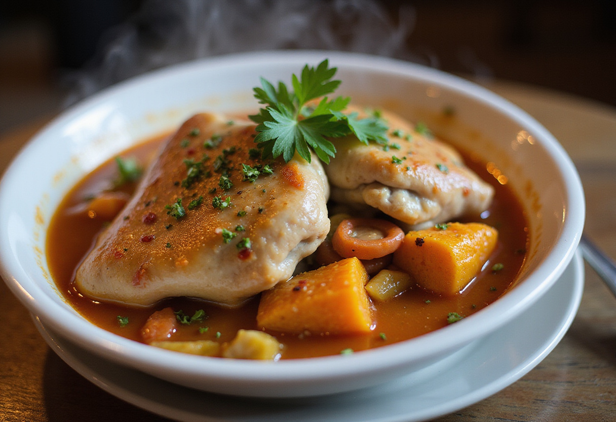 Servir le Poulet Basquaise fumant, présentant des ingrédients vibrants et savoureux.