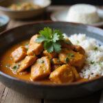 Delicious Poulet Curry Coco served in a bowl with rice, a perfect meal for curry lovers.