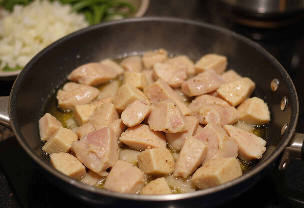 Diced chicken being sautéed with onions and garlic for Poulet Curry Coco.