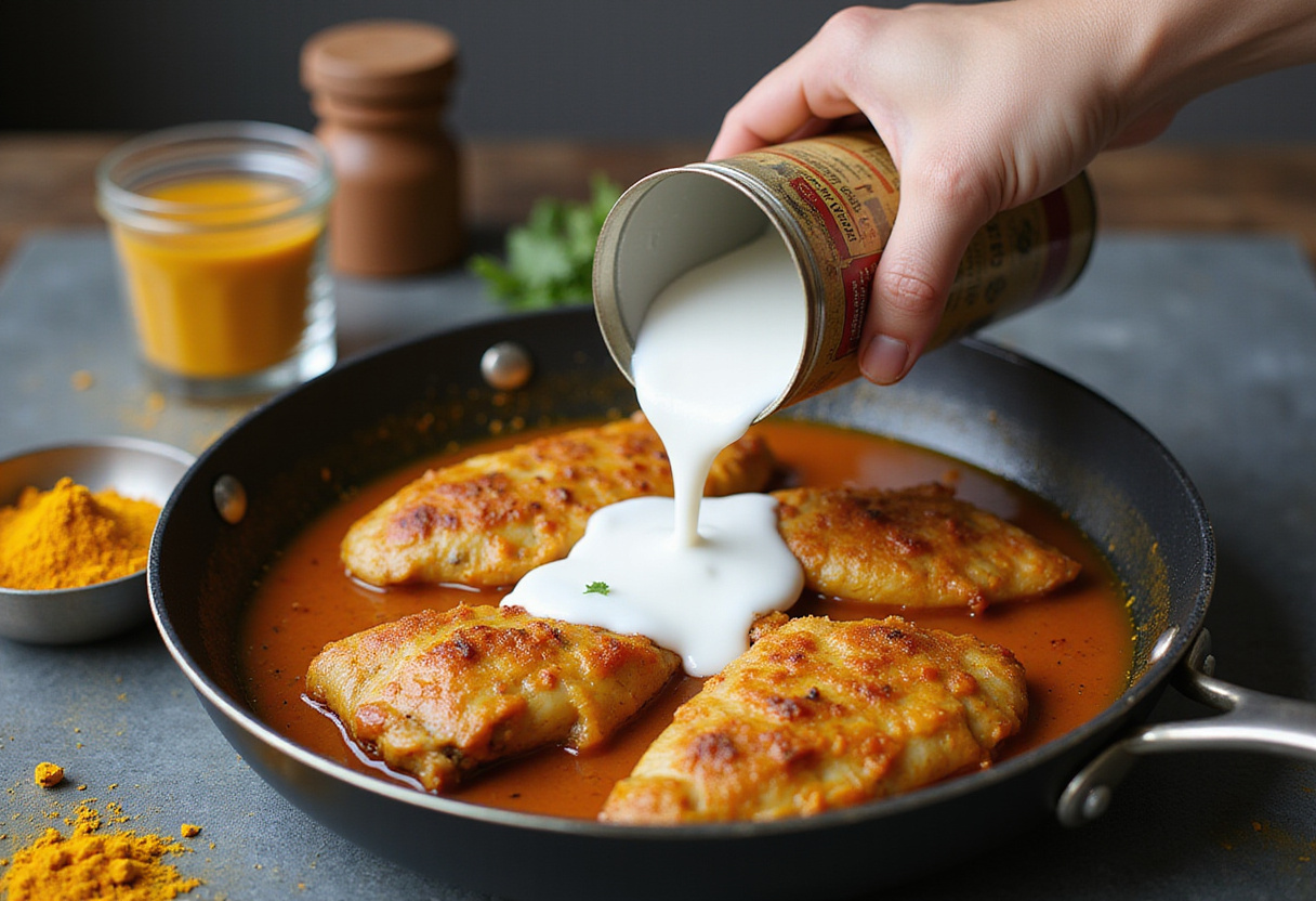 Coconut milk being added to the chicken for a rich Poulet Curry Coco flavor.