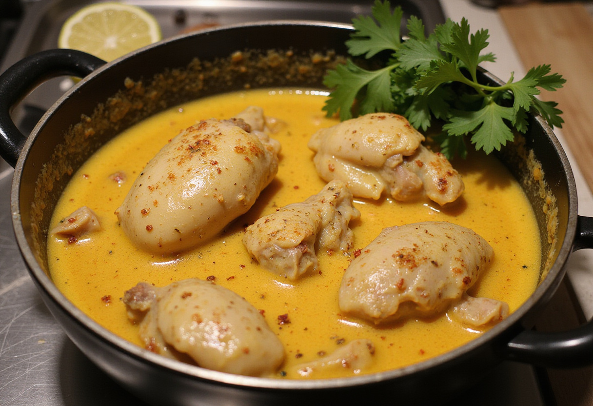Poulet Curry Coco simmering in a pot, showcasing rich coconut curry sauce and spices.