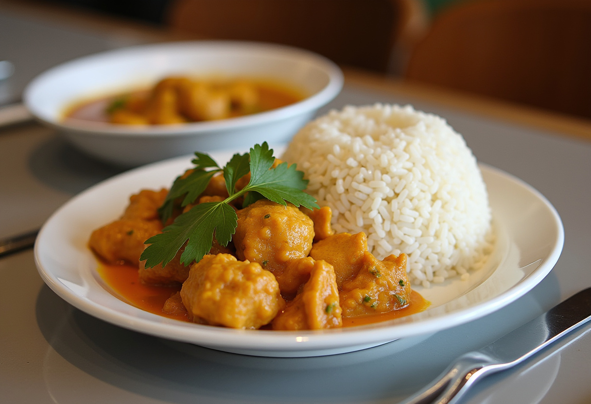 Plate of rice ready to be served with Poulet Curry Coco for a complete meal.