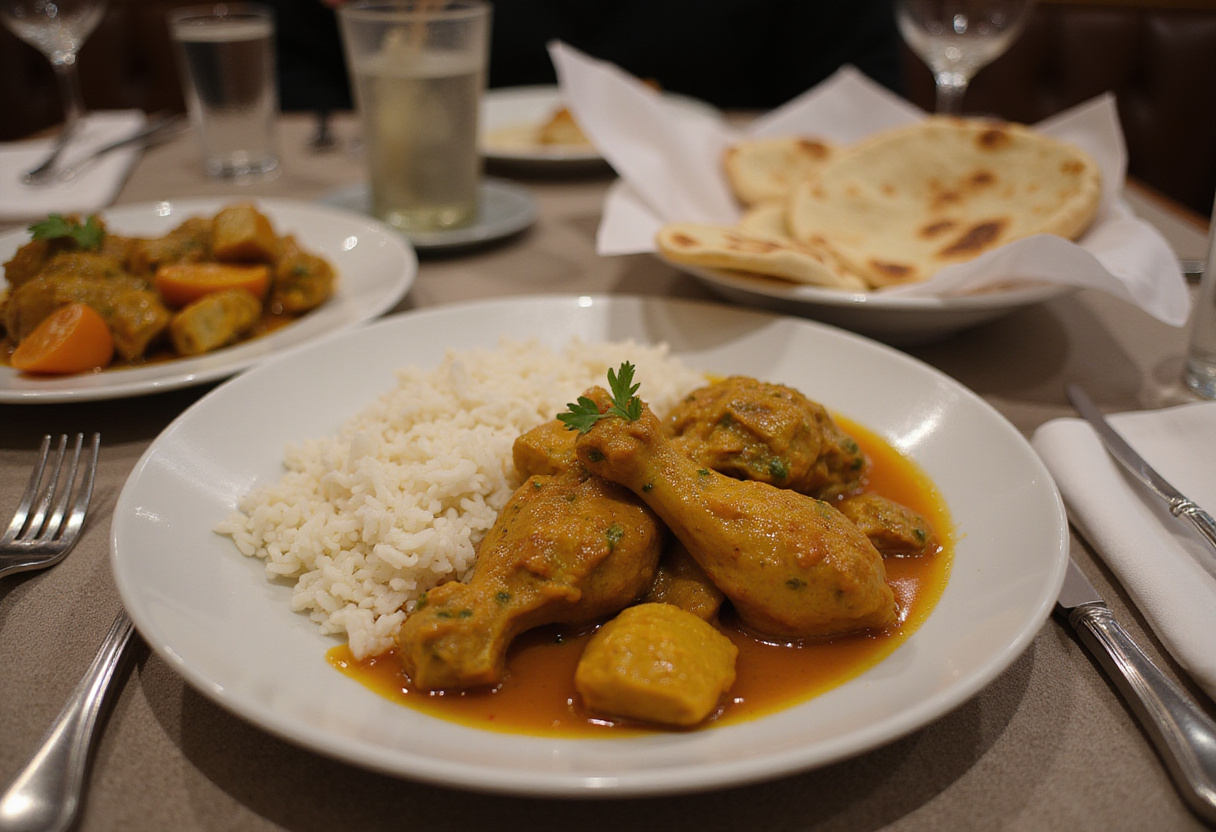 Finished Poulet Curry served with rice and naan, ideal for a delightful dining experience.