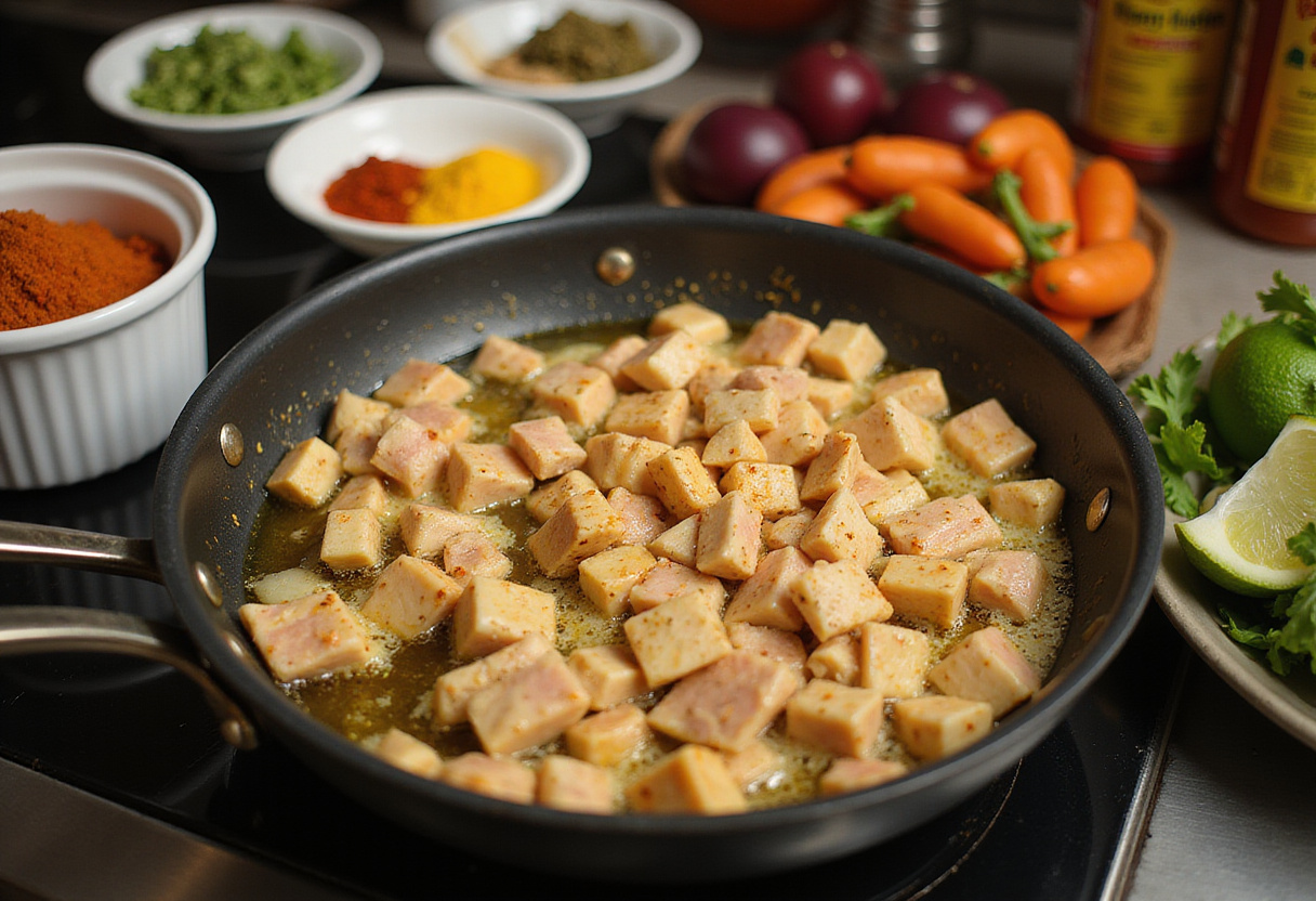 Diced chicken pieces sautéing with spices and vegetables for Poulet Curry.