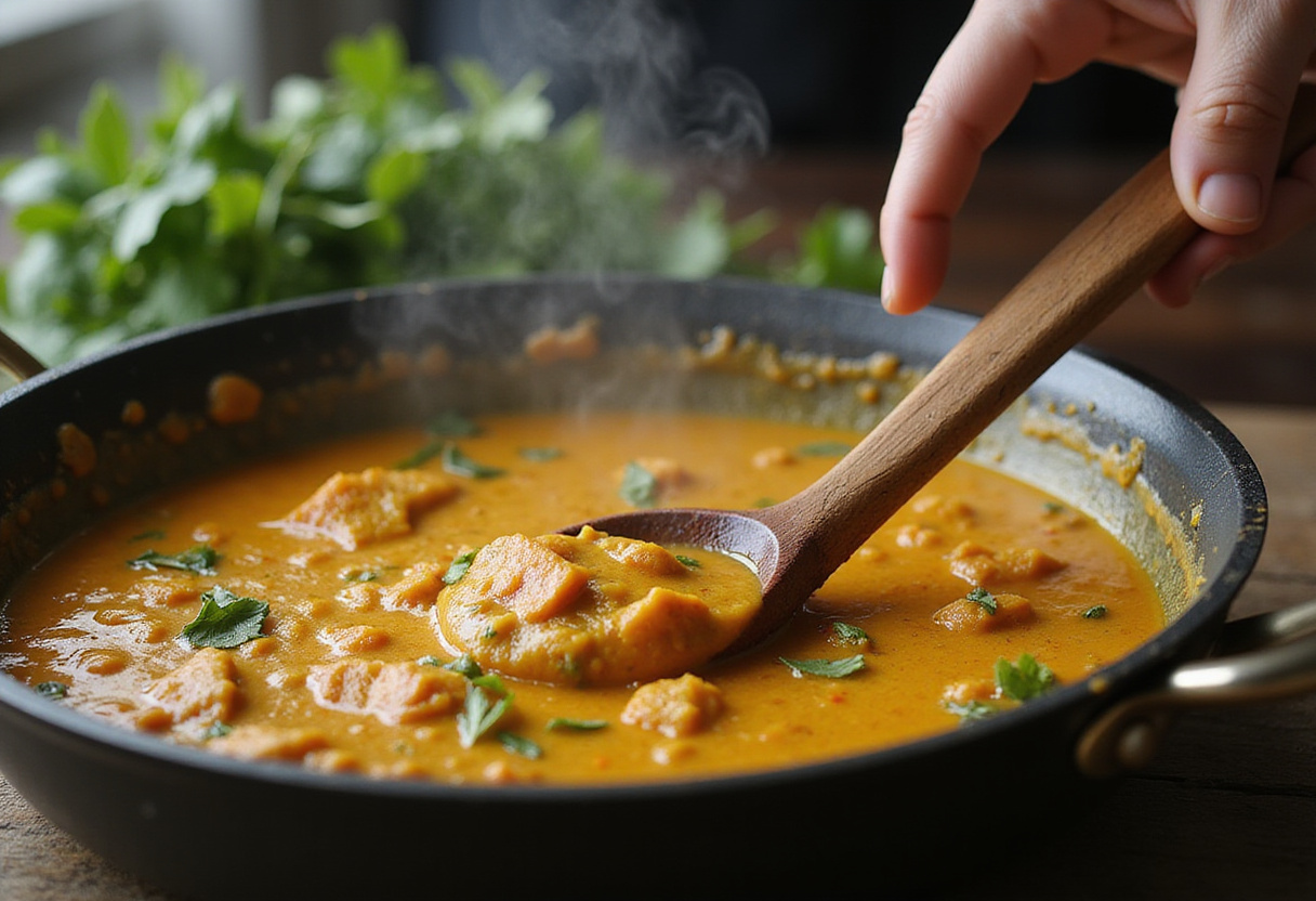 Stirring the chicken curry mixture on the stove, capturing the aroma of Poulet Curry.