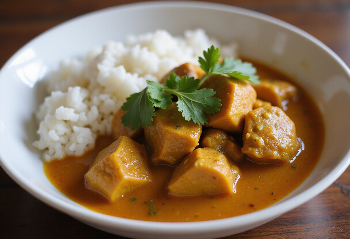 Bowl of Poulet Curry garnished with cilantro, ready to be enjoyed with rice.