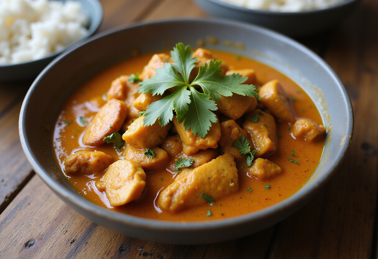 Delicious bowl of homemade chicken curry with rice, showcasing an original twist on a classic dish.