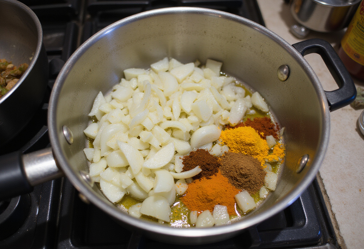 Chopped onions and garlic sautéing for homemade chicken curry preparation.