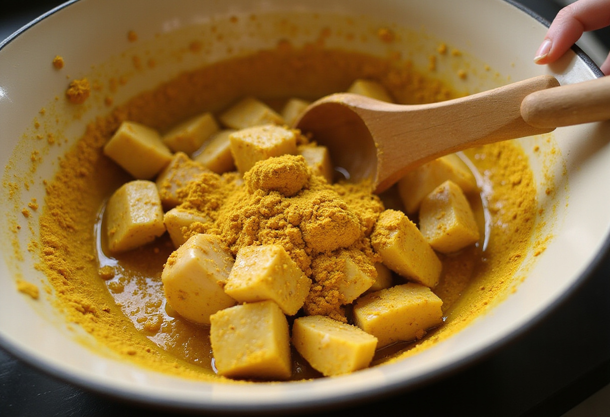 Adding chicken pieces to the cooking onion and garlic mixture for a flavorful chicken curry.