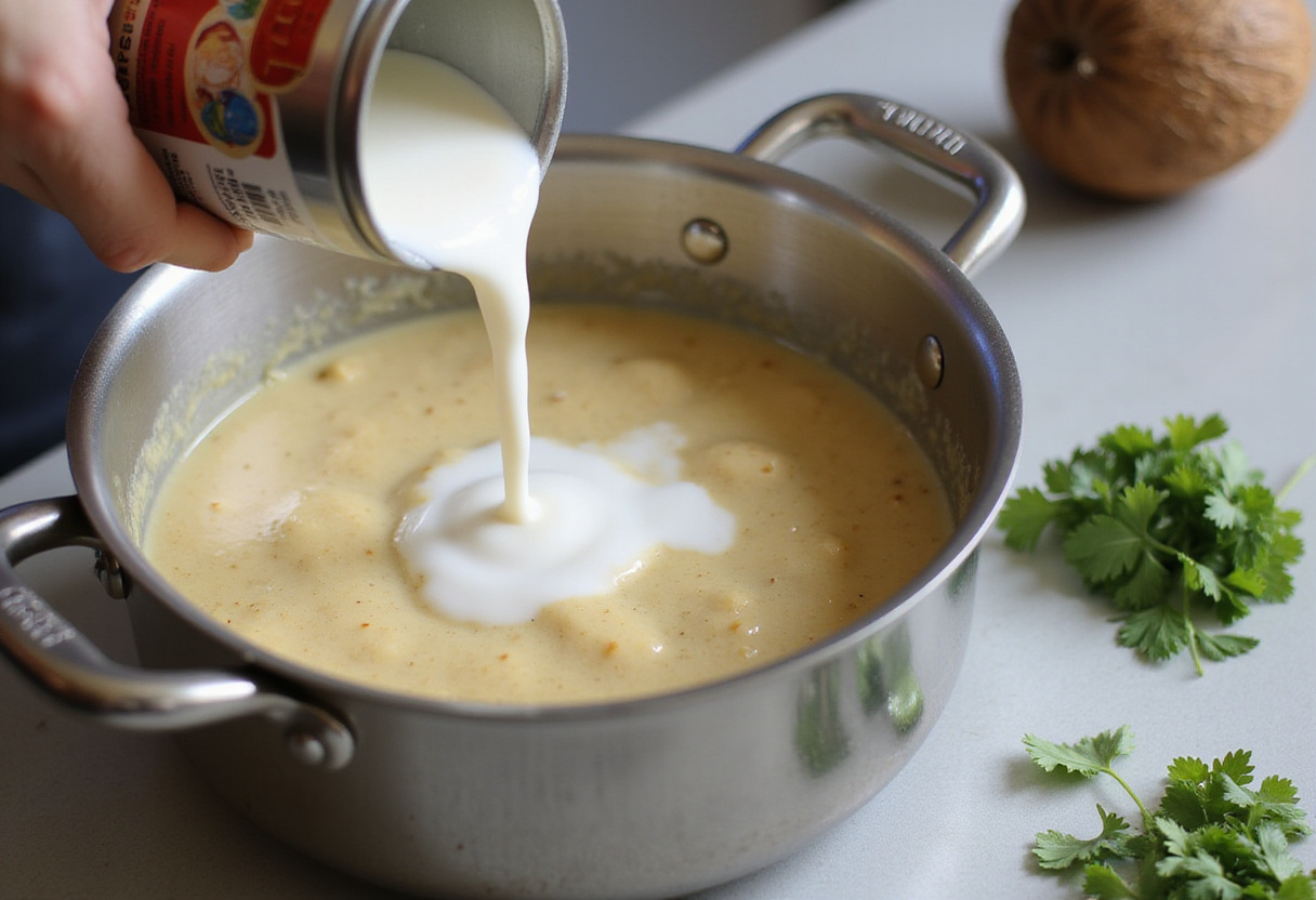 Coconut milk being incorporated into chicken curry for a rich and creamy flavor.